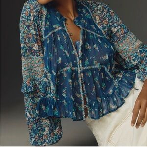 By Anthropologie Sheer Babydoll blouse Blue Motif              X-Small NWT